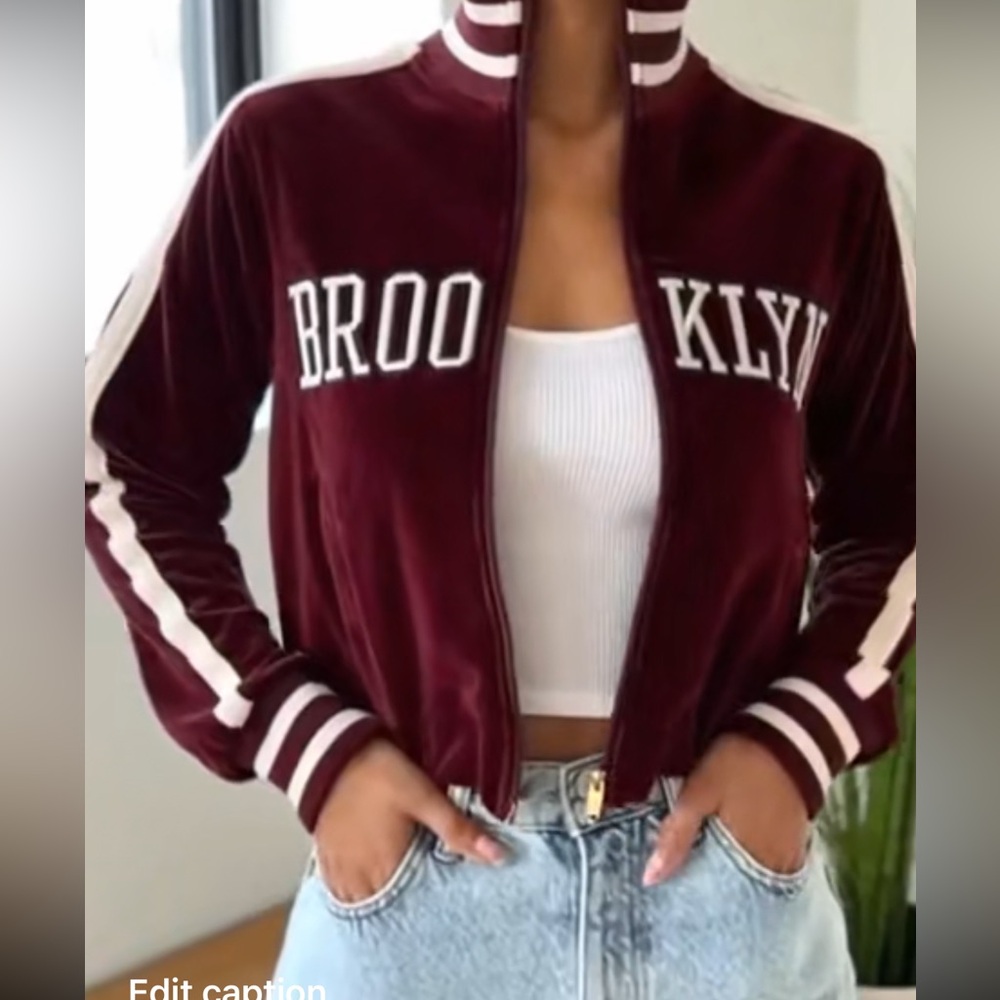 Athletic Maroon Velour Cropped Jacket with White Stripes, BROOKLYN Lettering